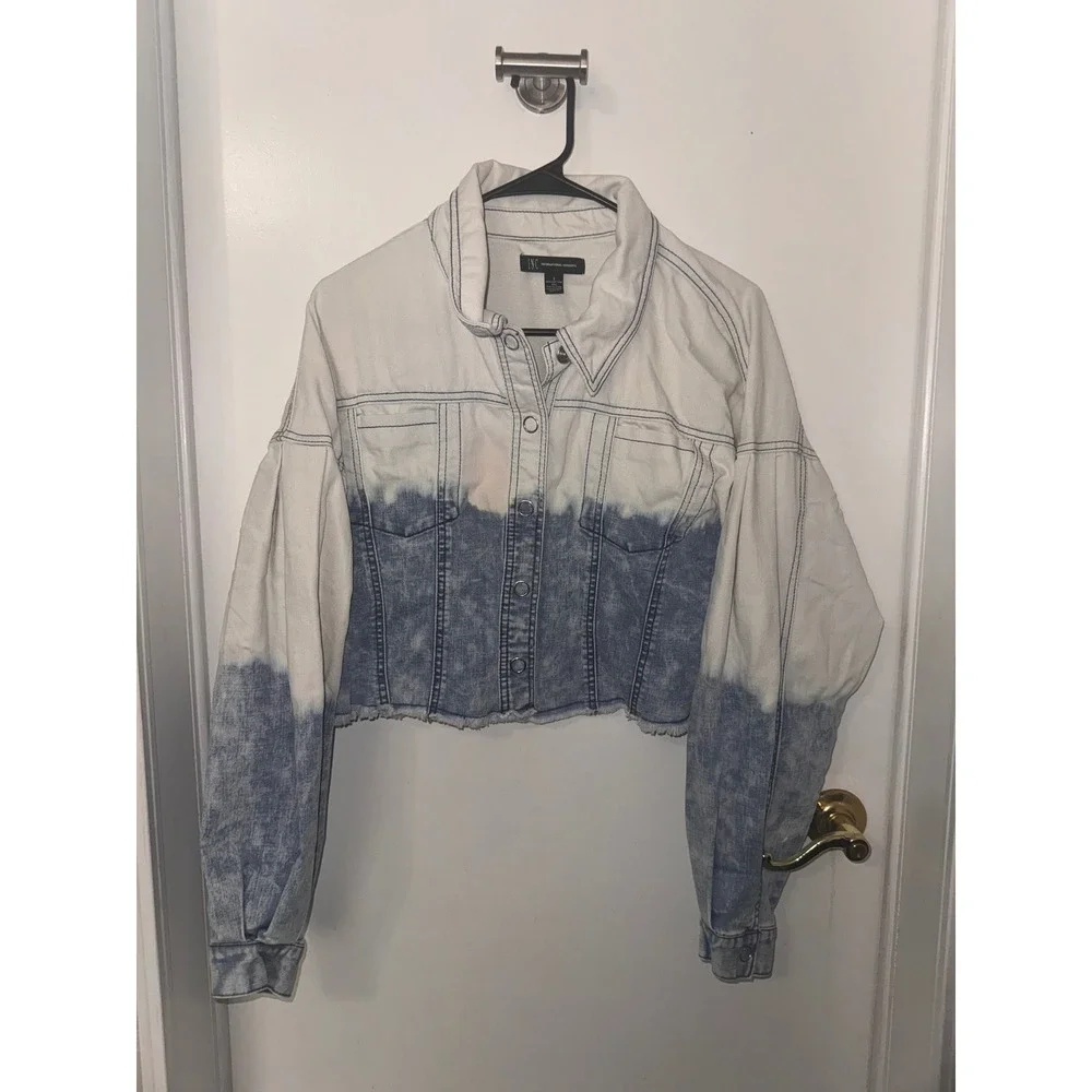 INC International Concepts Two ToneDip Dye Cropped Denim Jacket Blue White Small